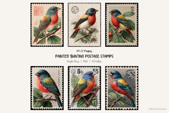 Painted Bunting Postage Stamps 24 Png: Vintage Charm for Modern Makers