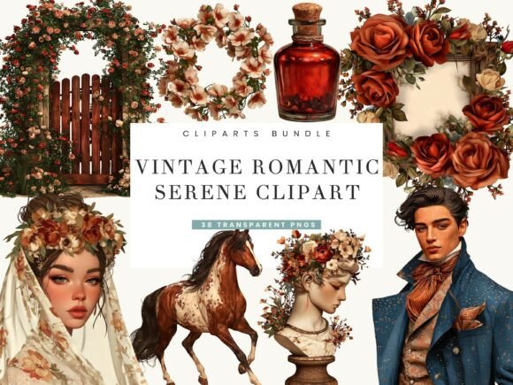 Timeless Watercolor Charm: The Vintage Romantic Serene Clipart Bundle
