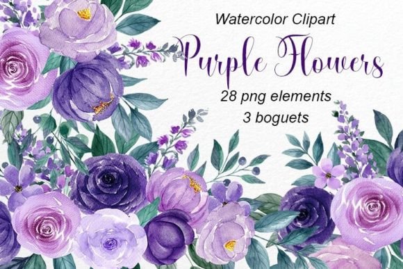 Watercolor Purple Flowers: Set Bouquets & Elements