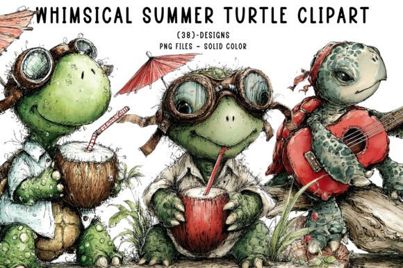 Whimsical Summer Turtle Clipart: 38 Designs for Creative Projects