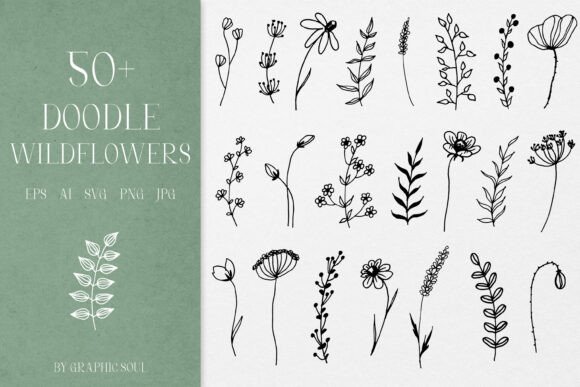 Wildflowers Line Art Doodle SVG: 54 Hand-Drawn Floral Illustrations